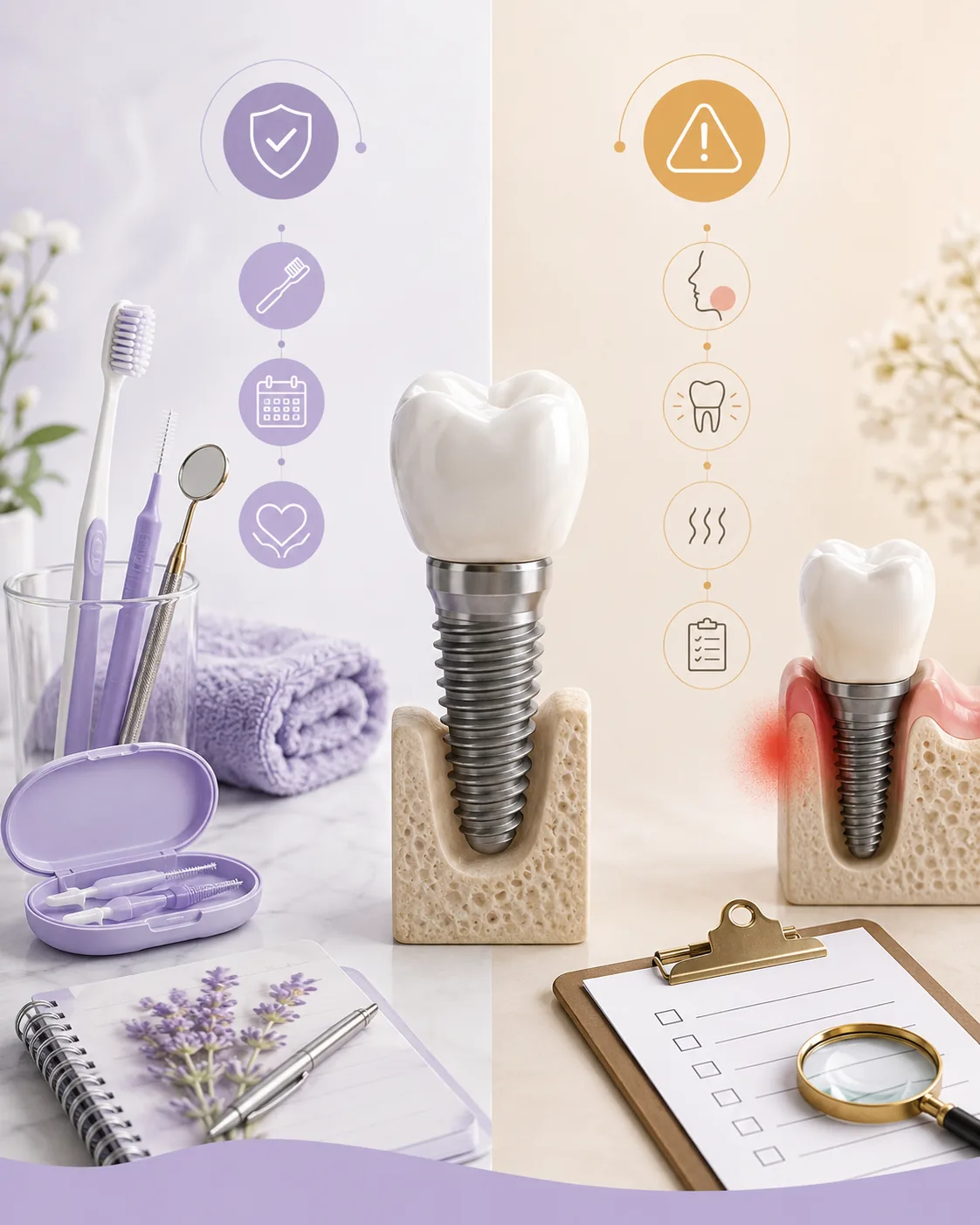 Dental implant aftercare compared with warning signs requiring professional assessment