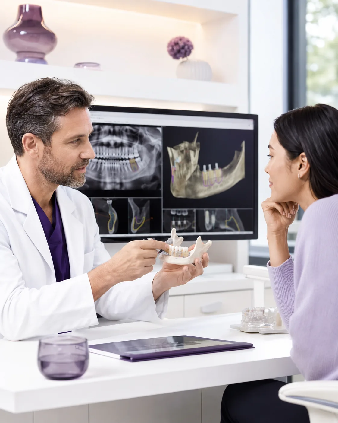 Dentist reviewing CBCT imaging and planning dental implant treatment with a patient