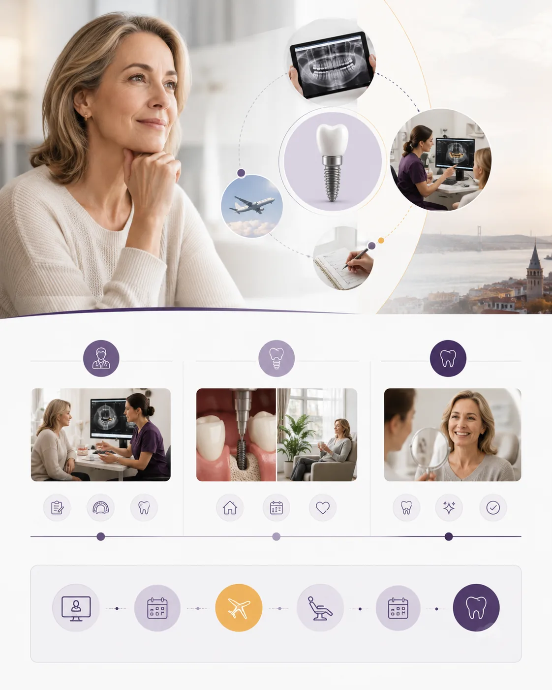 Dental implant treatment and travel timeline including consultation, surgery, healing and final teeth