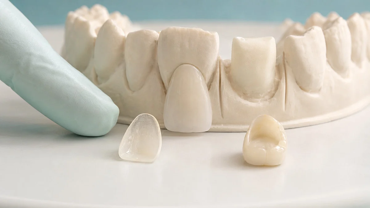 Dental model showing a thin veneer shell beside a full-coverage ceramic crown.