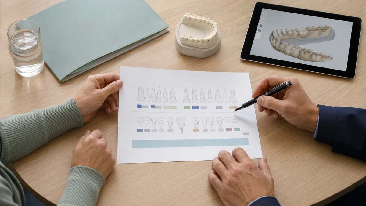 Patient and clinician reviewing a tooth-by-tooth dental treatment plan with a model and 3D scan.
