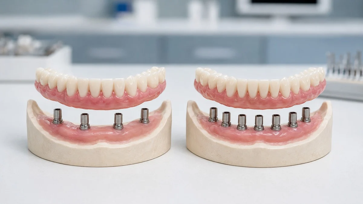 Two lower-jaw models with four and six implant supports beneath full-arch bridges.