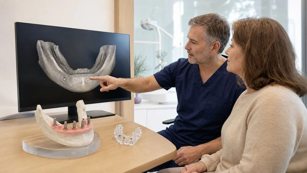 Dentist and patient reviewing a 3D lower-jaw scan, implant model and planning guide.
