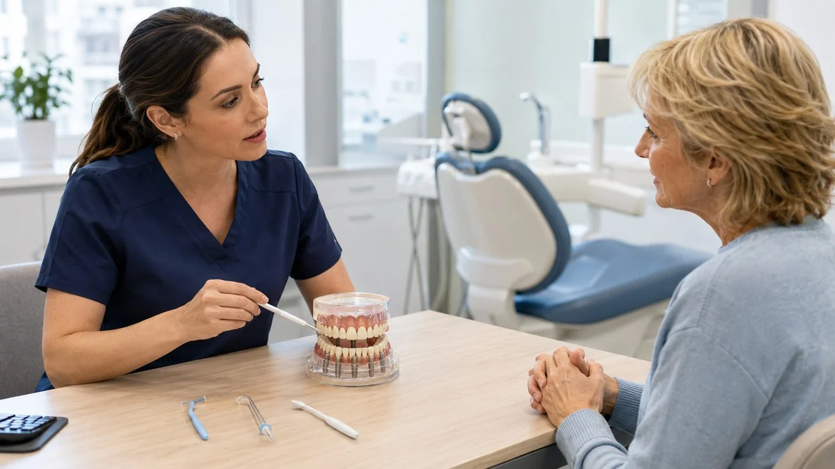 Dental clinician reviewing full-arch implant hygiene and maintenance tools with a patient.