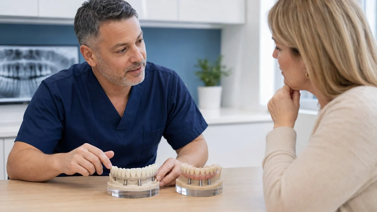 Dental clinician explaining separate provisional and final full-arch restoration models during a consultation.