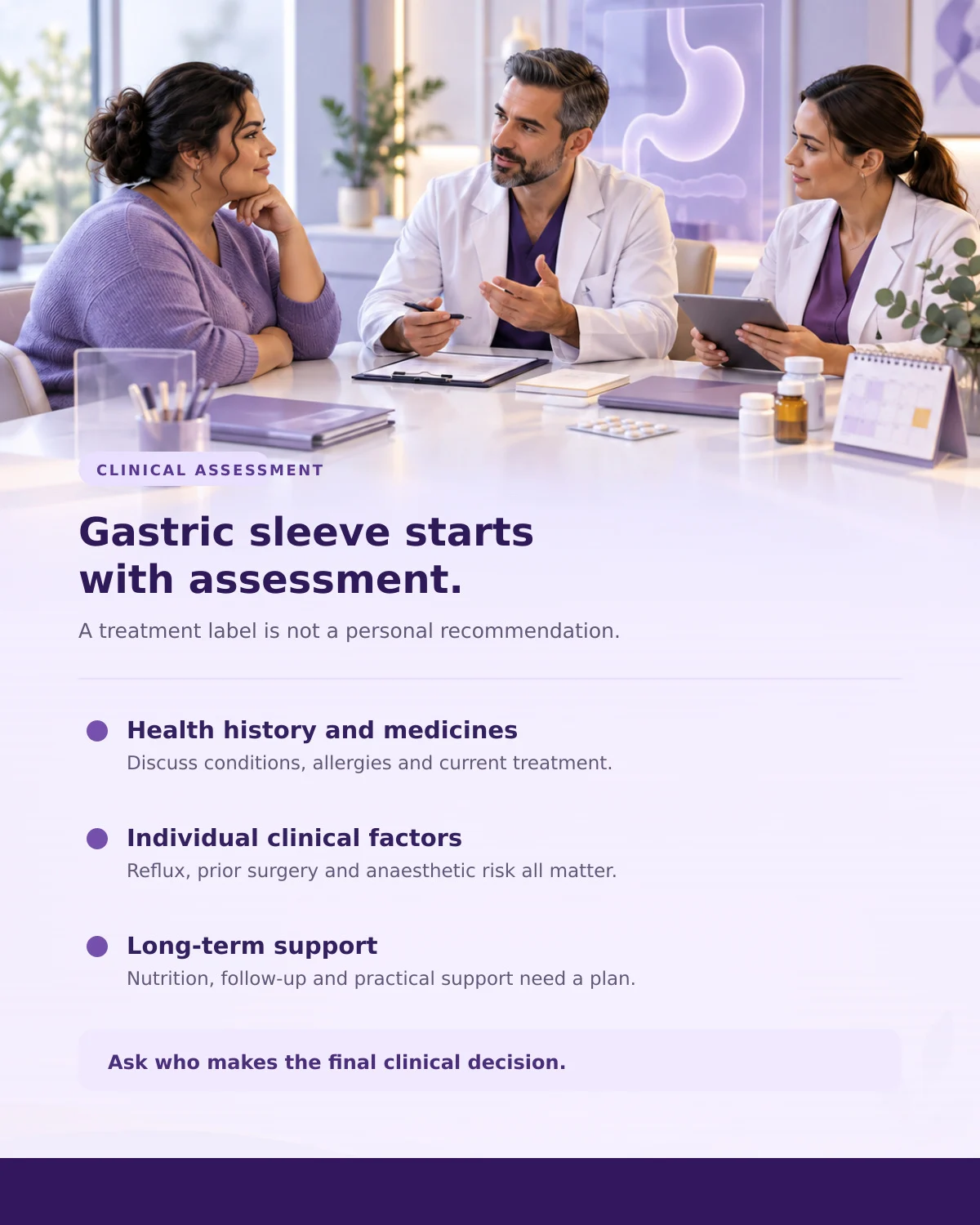 Infographic outlining clinical assessment topics for gastric sleeve surgery: health history, individual risks and long-term support.